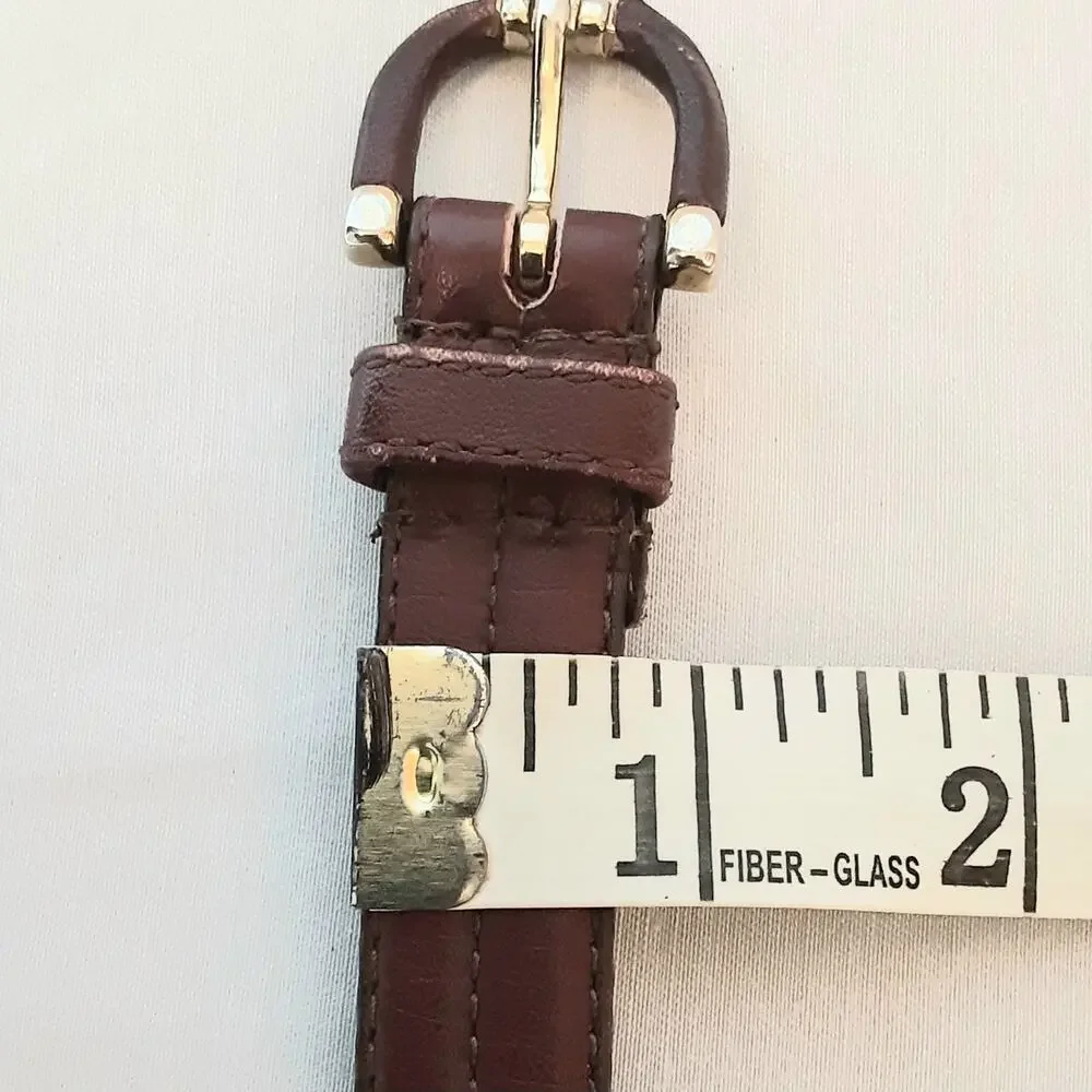 💎Unisex Dark Brown Leather Belt M  Polished Silver Tone Buckle Stitched Detail